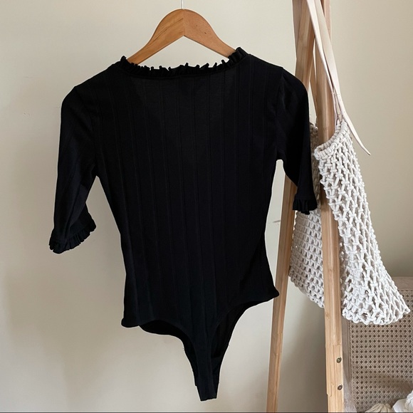 Free People Ruffle Ribbed Henley Bodysuit in Black - S - Picture 4 of 4